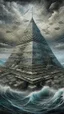 Placeholder: Synthography Art in Bocsh painting style nightmare of The Pyramid shape building in the middle of ocean waves water with visual details of mechanical and electrical components and chips and components textures with gray clouds stormy weather in the background