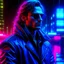 Placeholder: Zack Efron frontal wearing sunglasses, very long hair and a leather jacket, dark rainy city and blue neons background, photo-realistic synthwave, darksynth, retrowave, Syd Mead style