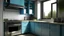 Placeholder: kitchen with blue, on the left side by the window from the bottom up, a microwave and an oven installed in the furniture, and on the right side and next to it an induction hob and a cooker hood above it, on the right side there is a sink and a dishwasher underneath it