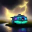 Placeholder: An old caravan at the bottom of an streaming river, lots of clouds within neon lights, thunder