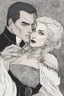 Placeholder: Strahd Von Zarovich being kissed on the neck by a beautiful woman with white hair, wearing an off the shoulder dress. Settling and background are a lavish toomb with an ebony coffin.