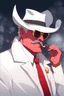 Placeholder: An old male crimson red demon wearing a white and gold police comisioner outfit, he is also wearing glasses, he has a white scruffy mustache, and a small black fedora.