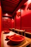 Placeholder: A cherry red color Japanese restaurant with fiery spicy noodles designed in ancient Greek pottery