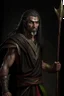 Placeholder: full length, mantia, black with, holding a spear in his hand