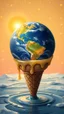 Placeholder: art create a 4k image of beautiful planet Earth in side a fof ice cream cone as an illustration in the style of Bosch , Van Gogh , large droplets of viscous and syrupy fluid, the golden sun and crystal white iced moon , and glowing stars in the background with golden yellow,