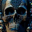 Placeholder: a close up of a person's face with a sign and a lot of skulls, detailed 3d gothic oil painting, 4k highly detailed digital art, detailed cover artwork, surrealistic digital artwork, by Johfra Bosschart, abstract occult epic composition, neosurrealism. digital art, horror surreal art, 4k detailed digital art, horror fantasy art, surreal dark art