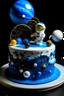 Placeholder: White round cake, blue balls with gliter on one side, on the top are astronaut