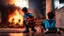 Placeholder: kids play Playstation 4 in a House on fire