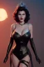 Placeholder: Rita Hayworth as evil queen in black leather, busty, cleavage, curvy, angry, stern look. character design by cory loftis, fenghua zhong, ryohei hase, ismail inceoglu and ruan jia. unreal engine 5, artistic lighting, highly detailed, photorealistic, fantasy