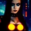 Placeholder: portrait oil on canvas, beautiful punk busty female Cyborg, intense stare, sad glowing eyes, post-apocalyptic in a cyberpunk city,minimal skintight latex dress, bladerunner movie poster, realistic, intriacte detail, sci-fi fantasy style, masterpiece, volumetric lighting, particles, highly detailed ,cinamatic , deep colours,8k, in the style of Kaare Andrews