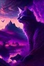 Placeholder: majestic cat, psychedelic, violet tones, fantasy landscape