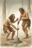 Placeholder: Create an image of two prehistoric human characters in an early Stone Age setting, surrounded by a dusky, misty environment suggestive of early morning. One character is bending over, inadvertently creating a stream of fire from their posterior, a humorous play on the discovery of fire. The other character, standing upright, is holding a primitive tool and laughing heartily at the scene. Both are wearing rough animal fur clothing. The scene is lighthearted, capturing a comedic moment between tw