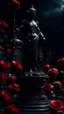 Placeholder: The statue of justice is filled with blood, carrying a scale full of red roses, and poppy flowers grow from underneath it and climb the statue. Dark garden background cinematic.