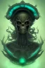 Placeholder: green alien, head, evil, black eyes, weapons, blood, 8k, finely detailed, photo realistic, HR Giger style turquoise skull head gold dragon Mexican alien moon skeleton sombrero hat Black background