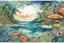 Placeholder: random watercolor Zentangle patterns in the styles of Gustav Klimt ,Wassily Kandinsky, Alphonse Mucha, and Kay Nielsen that depicts an idyllic tropical lagoon, with fine ink outlining