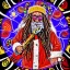 Placeholder: hippie Santa playing electric guitar psychedelic peace sign, MUSHROOMS, TRIPPY, ACID, LSD, dreadlocks