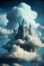 Placeholder: Enormous castle completely made up of clouds in the sky, ominously looming directly above. In the art style of surrealism