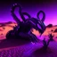 Placeholder: neon black and purple large and long worm-like robot with a 3D hexagon for a head in a dark monochrome desert