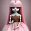 Placeholder: ball jointed doll, long pink hair, brown eyes, pink dress, sitting