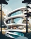 Placeholder: Vector illustration of a modern, neo-futufist country house with innovative shapes and curves. Concrete and glass materials. Trees, people