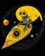 Placeholder: A strange creature flying in space on top of a speeding rocket. It has a head in the shape of a yellow and black circle with yellow edges as well