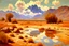 Placeholder: Arid land, clouds, mountains, rocks, puddle, vegetation, claude monet impressionism painting