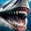 Placeholder: A hyper-detailed, cinematic close-up zoom of a human mouth in mid-chew, gripping and chewing an enormous great white shark like a piece of food. Realistic teeth and saliva, dramatic tension in the jaw, visible shark texture and fins as if swallowed partially. Intense lighting with high contrast, shallow depth of field, ocean-blue color accents, ultra-photoreal style, 8k detail, central composition, no text, no logos, no extra characters, dark dramatic background.