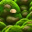 Placeholder: microphotography mushroom growing in a mossy dense lush green woods, high definition, detail, HD, 8k, realistic, 3d rendering, blender, photography, fisheye, bulge, tilt shift blur