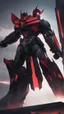 Placeholder: A close picture to Mix between transformers and batman in solo leveling shadow art style with red details detailsis in fantasy world