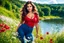 Placeholder: beautiful girl supper model, in nice red top ,blue pants, with curvy hair,perfect face,perfect eyes,country side wavy narrow river ,wild flowers ,blue sky nice clouds,