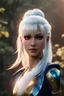 Placeholder: Portrait, aasimar female Bard character, white hair, blue irises, very muscular, athletic, clear complexion, scars on body, waist up portrait, 4k resolution, intricate details, ornate details, soft lighting, vibrant colors, retroanime, masterpiece, natural background, realistic