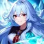 Placeholder: Clear focus, 8k, beautiful lighting, vibrant colors, girl, light blue hair, long hair, vibrant red eyes, messy hair, angry, smile, ice magic,