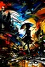 Placeholder: A spirited woman dancing with an umbrella amidst a chaotic cityscape, blending fluidity and structure. Sumi-e elements with a dynamic twist, vibrant city lights as a backdrop, expressive movement, urban energy, abstract contours, contrasting lights and darks, energetic and alive.v0.2