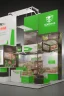 Placeholder: Corner green exhibition stand of a food company with product displays and a meeting area