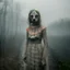 Placeholder: Countryside, morning, foggy. Gritty, raw portrait photo of obscene filthy demon with creepy face, eerily mysterious, grainy, intricate patterns, details of the dress and skin extremely accentuated