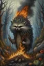 Placeholder: A hooded creature with Scary wild hedgehog face , witches pants, mohawk, clearing, trees, smoke in the background, realistic, Busch painting style
