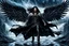 Placeholder: floating Badass fallen angel, attractive man with long black hair, dark leather cloth, boots, high quality, detailed, cinematic. digital art, fantasy, sci-fi, storm, masterpiece