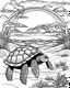 Placeholder: coloring pages for kids, Pacific island shaped Japanese ink painting, paradise, sea turtles, yellow sun , Art drawing .super detailed, anime cartoon style, thick lines, low detail, black and white, no shading, --ar 85:110