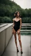 Placeholder: beautiful anorexic woman, total shot, short black swimsuit, short brunette wavy bob hair, blurred concrete background