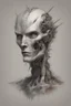Placeholder: A creature half human half machine Busch painting style thine line draw