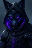 Placeholder: realistic anthro fox boy with pitch black fur, purple glowing runic tattoos, and a second pair of eyes underneath his normal eyes, which are usually closed, in heavy robed black futuristic armor with a hood looking serious