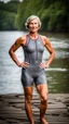 Placeholder: athletic woman, full body shot, short grey triathlon swimsuit, short wavy bob haircut, photographed at the river