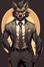 Placeholder: Buff, anthro, wolf, himbo, black fur, gold eyes, wearing a suit, full-body, muscles, strong, muscular,