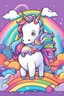 Placeholder: kids illustration, a cute unicorn playing and rainbow in background, cartoon style, thick line, low details, vivid color