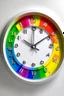 Placeholder: "Illustrate a rainbow-themed wall clock with each hour represented by a different color of the rainbow spectrum."