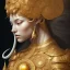 Placeholder: Sango fantasy, fantasy magic, intricate, sharp focus, illustration, highly detailed, digital painting, concept art, matte, art germ and Paul Lewin and Kehinde Wiley, masterpiece silver elephant head bronze Buddha Asian African girl nice breast Hawaiian hair turquoise golden waves