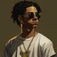 Placeholder: a 16 year old brown boy with black curly hair wearing black sunglasses, gta 5 style art, looking to the right, wearing oversized white tee with a gold chain, black oversized cargos, drawing, detailed