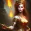 Placeholder: portrait lady fire with big bobs no top long black hairs in castle