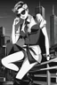 Placeholder: manga, anime, drawing, art, cartoon, perfect body, perfect hands, perfect face, perfect eyes, perfect arms, perfect cowboy hat, mafia woman, female mafia,, short hair pixie cut shaved side, black suit and tie, sunglasses, badass, cool, attractive