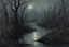 Placeholder: dry high weeds, creepy horror night, river, trees, mistery, philosophic and gothic horror influence, trascendent influence, jenny montigny impressionism paintings